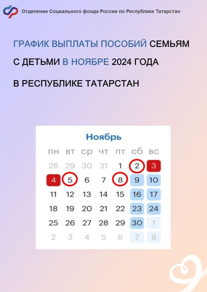 Татарстан Республикасында 2024 елның ноябрь аенда балалы гаиләләргә пособиеләр түләү графигы