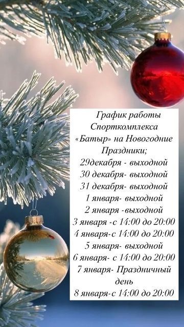«Батыр» спорткомплексының яңа ел бәйрәмнәрендә эшләү графигы